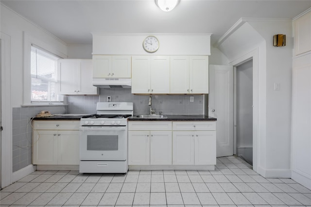 kitchen featuring sink, white cabinetry, ornamental molding, and white range with gas cooktop