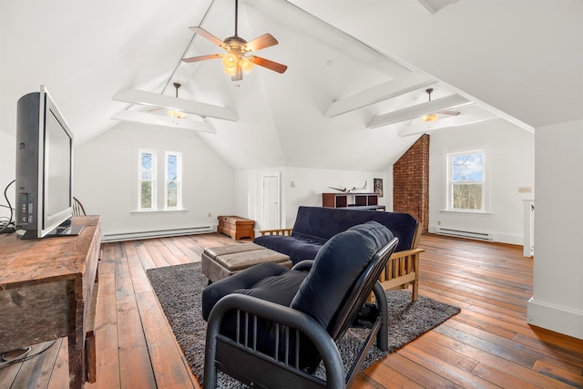 living room with baseboard heating, hardwood / wood-style floors, lofted ceiling with beams, and ceiling fan