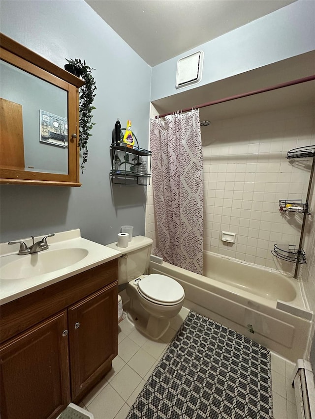 full bathroom featuring toilet, vanity, tile patterned floors, and shower / bathtub combination with curtain