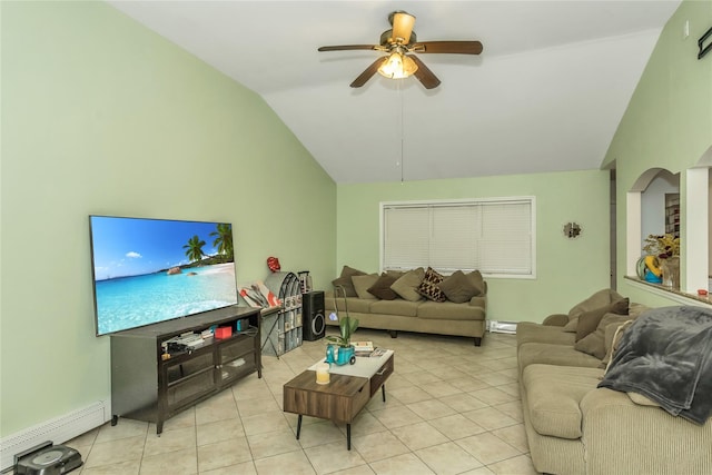 living room featuring ceiling fan, light tile patterned floors, a baseboard heating unit, and vaulted ceiling