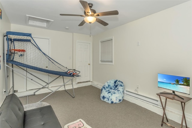 game room featuring ceiling fan, baseboard heating, and carpet flooring