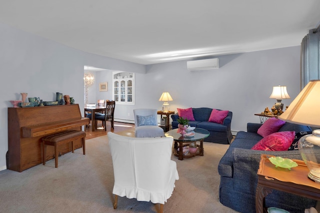 carpeted living room featuring a wall mounted AC, a notable chandelier, and a baseboard radiator