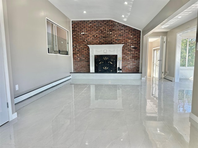 unfurnished living room with a fireplace, baseboards, vaulted ceiling, marble finish floor, and baseboard heating