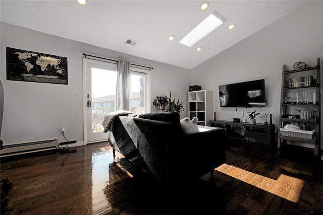 living room with vaulted ceiling with skylight, a baseboard radiator, and dark hardwood / wood-style floors