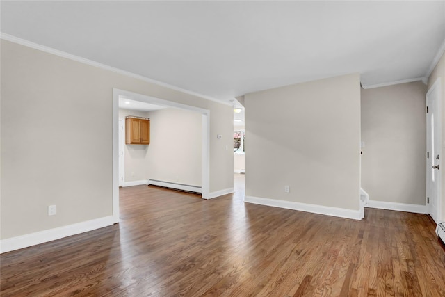 interior space with a baseboard radiator, hardwood / wood-style flooring, and ornamental molding