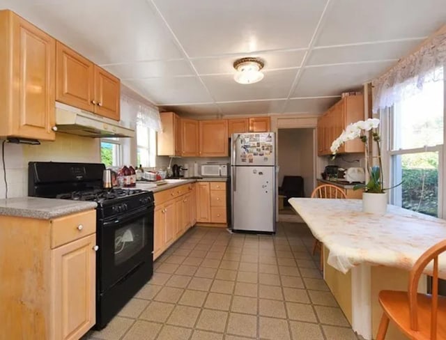 kitchen with black gas range oven, fridge, plenty of natural light, and tasteful backsplash