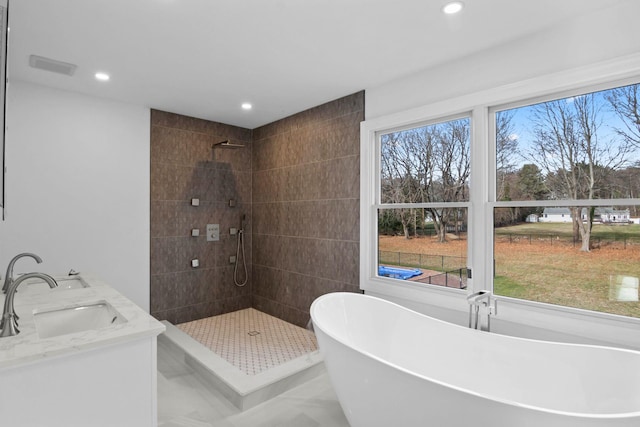 bathroom featuring vanity, a healthy amount of sunlight, and plus walk in shower