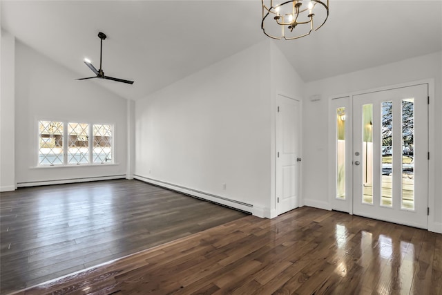 foyer entrance featuring dark hardwood / wood-style flooring, a baseboard heating unit, and high vaulted ceiling