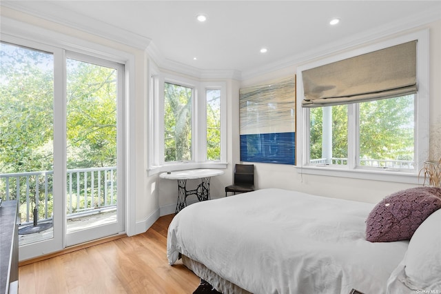 bedroom featuring crown molding, access to exterior, and light hardwood / wood-style floors