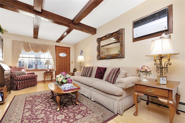 living room featuring a wall mounted air conditioner, light hardwood / wood-style floors, a baseboard radiator, and beamed ceiling