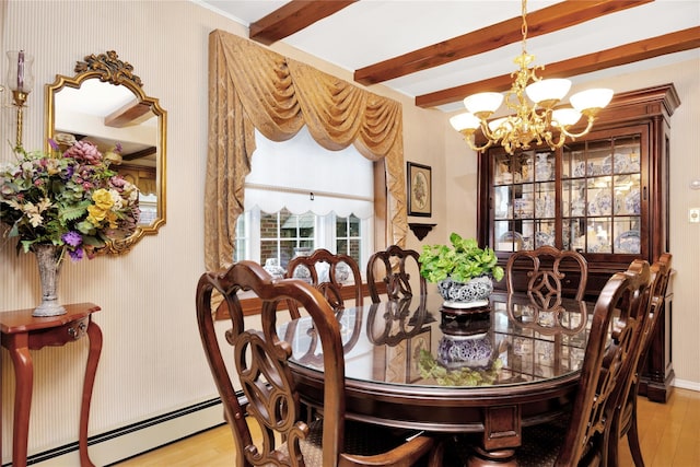 dining area with a baseboard heating unit, light hardwood / wood-style flooring, beam ceiling, and a notable chandelier