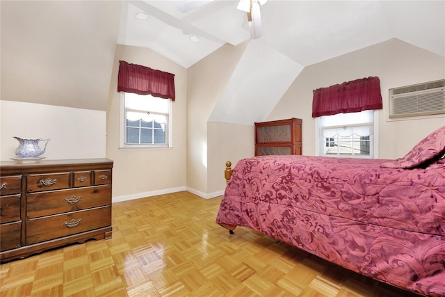 bedroom featuring ceiling fan, light parquet flooring, a wall mounted AC, and vaulted ceiling