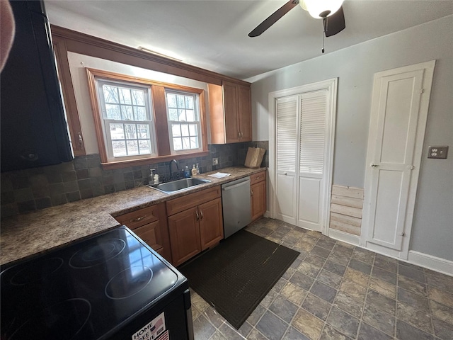 kitchen with dishwasher, black range with electric stovetop, tasteful backsplash, sink, and ceiling fan