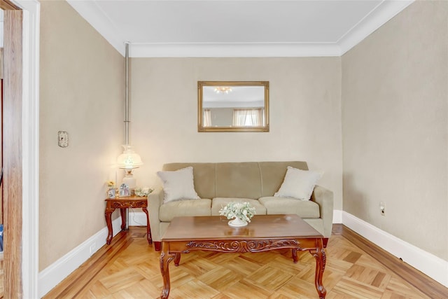 living room with crown molding and light parquet flooring