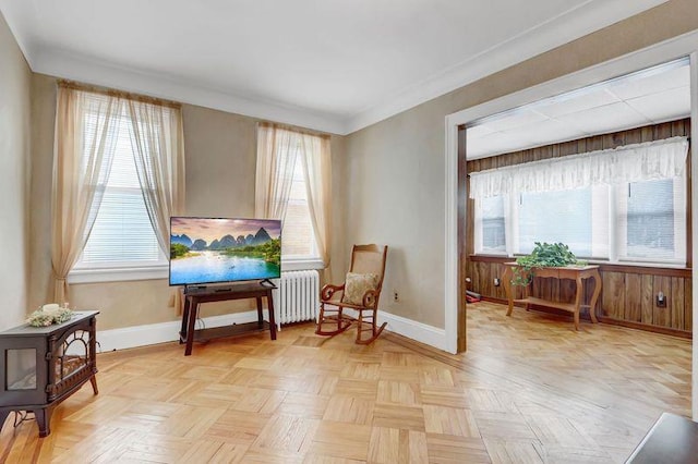 living area featuring light parquet floors, crown molding, and a wood stove