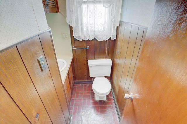 bathroom with vanity, toilet, and wood walls