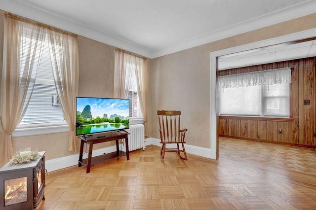 living area featuring baseboards, radiator heating unit, and a healthy amount of sunlight