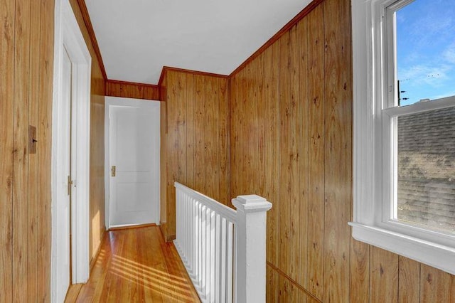 hallway with wood finished floors, an upstairs landing, and wooden walls