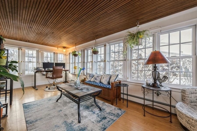 sunroom with wooden ceiling and a baseboard radiator