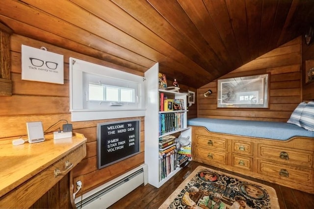 interior space with lofted ceiling, a baseboard heating unit, wood ceiling, and wood walls