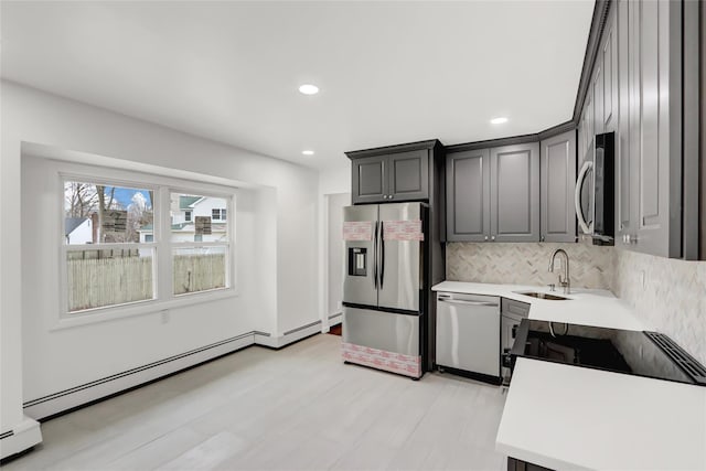 kitchen with gray cabinets, appliances with stainless steel finishes, backsplash, a baseboard radiator, and sink