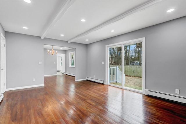 unfurnished living room with an inviting chandelier, beam ceiling, and a baseboard radiator