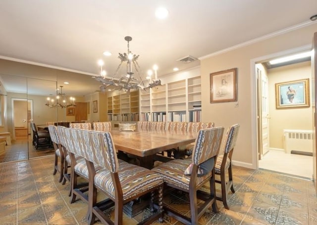 dining room featuring an inviting chandelier, crown molding, and radiator