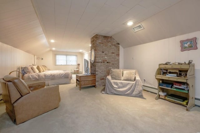 carpeted bedroom featuring a baseboard radiator and vaulted ceiling