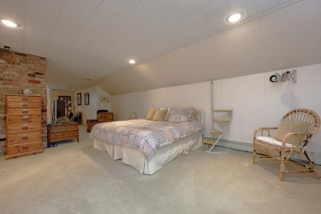 bedroom featuring carpet floors, a baseboard radiator, and vaulted ceiling