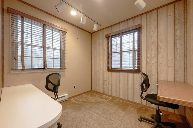 carpeted home office with track lighting, ornamental molding, and wood walls