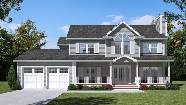 view of front of home with a front lawn, a porch, concrete driveway, a chimney, and an attached garage