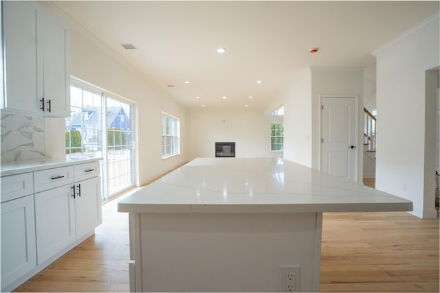 kitchen with a wealth of natural light, a glass covered fireplace, crown molding, and light wood-type flooring