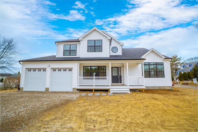 modern farmhouse style home with covered porch, dirt driveway, and roof with shingles