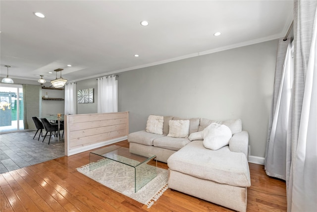 living room with crown molding and wood-type flooring