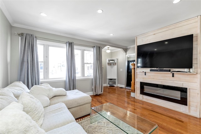 living room with crown molding and wood-type flooring