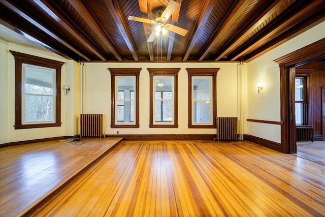 spare room featuring beamed ceiling, wood ceiling, radiator, and light hardwood / wood-style floors