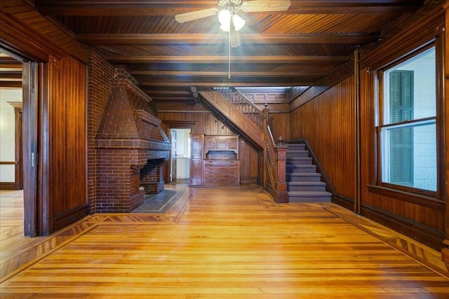 additional living space with light wood-type flooring, wood ceiling, and wood walls