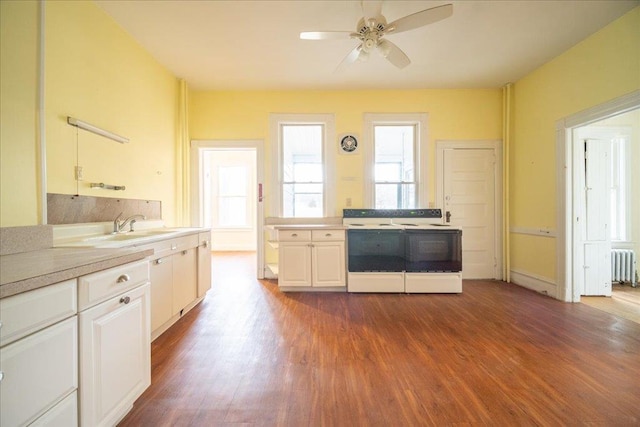 kitchen with hardwood / wood-style floors, radiator heating unit, white cabinets, and ceiling fan