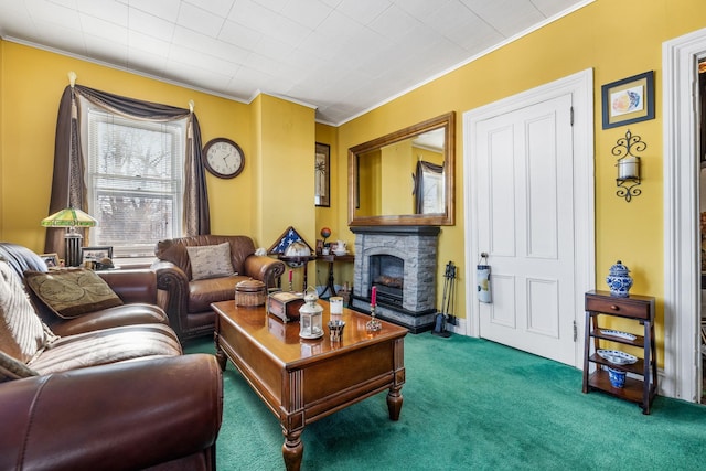 carpeted living room featuring crown molding and a stone fireplace