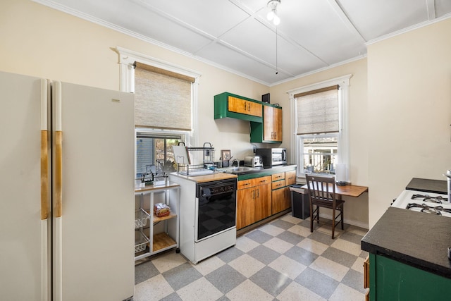 kitchen with white refrigerator, ornamental molding, and stove