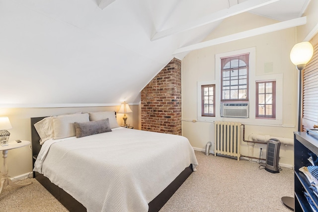 bedroom with lofted ceiling with beams, carpet flooring, radiator heating unit, and cooling unit