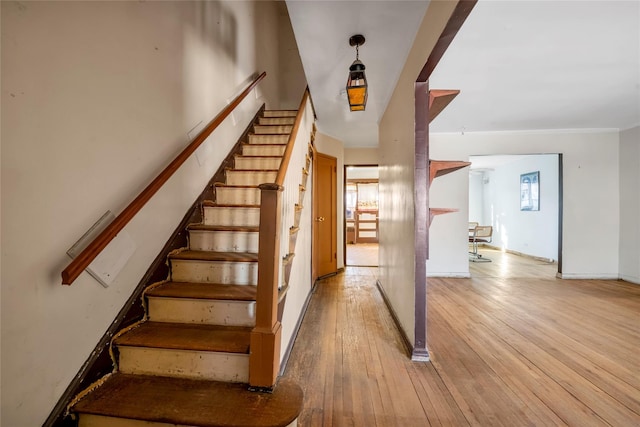 staircase with hardwood / wood-style floors