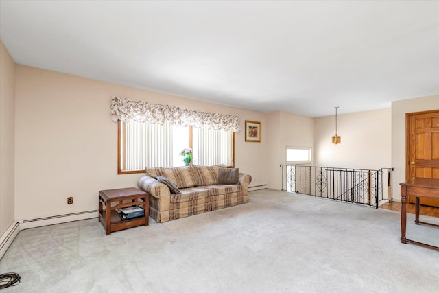 living room featuring carpet flooring and baseboard heating