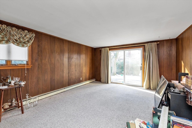 misc room with a baseboard radiator, carpet, and wood walls