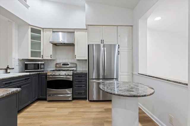 kitchen featuring white cabinetry, gray cabinetry, dark stone counters, exhaust hood, and stainless steel appliances