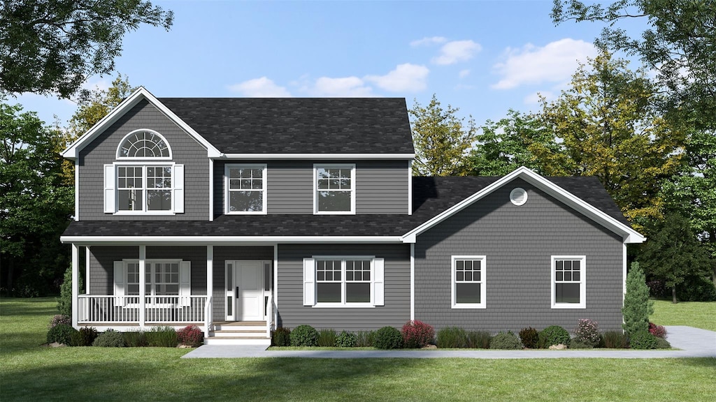 colonial house with a front lawn and a porch