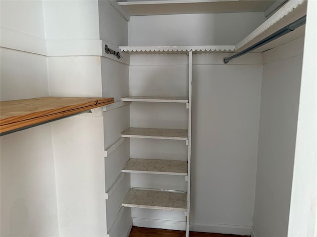 walk in closet with dark wood-type flooring