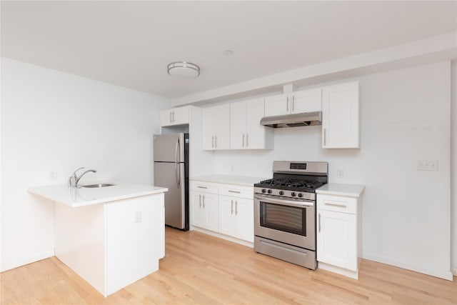 kitchen with sink, white cabinets, kitchen peninsula, stainless steel appliances, and light wood-type flooring