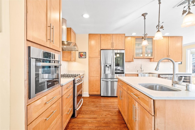 kitchen with light wood-type flooring, a sink, stainless steel appliances, wall chimney exhaust hood, and light countertops