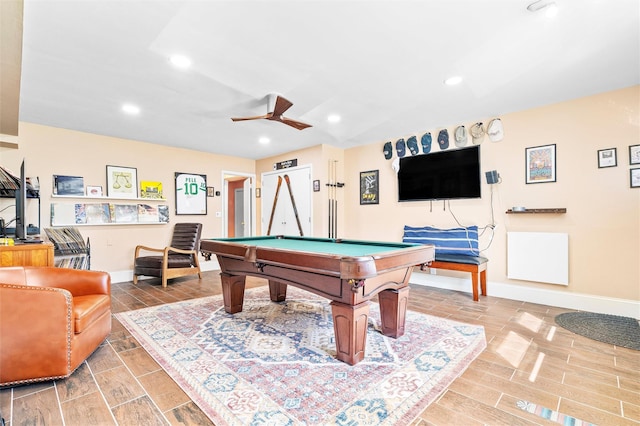 playroom with recessed lighting, wood finish floors, a ceiling fan, and billiards